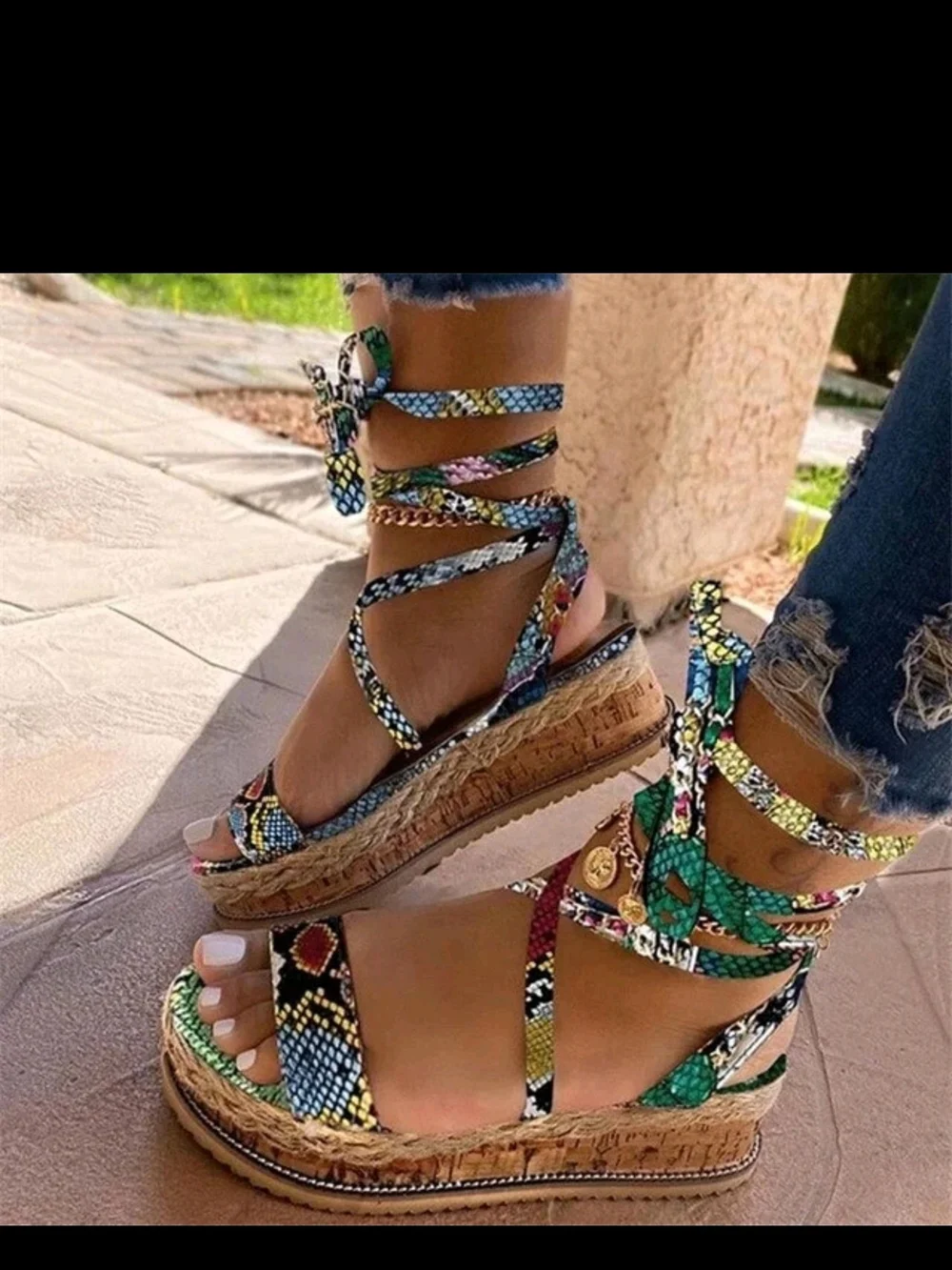 Women's Multicolor Snake-Print Lace-Up Wedge Sandals